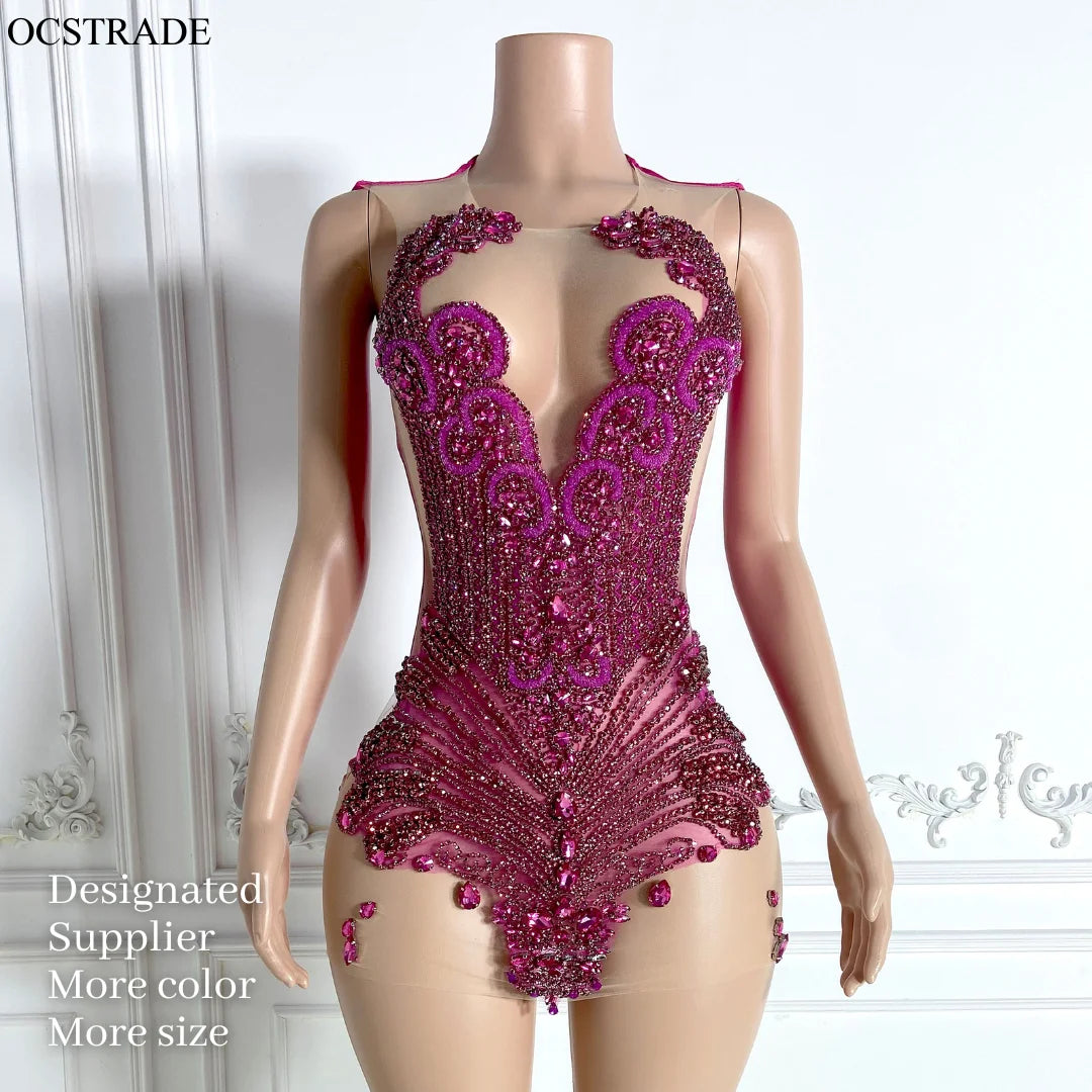 Ocstrade Summer 2024 Outfits Women's Crystal Prom Dresses Plus Size Celebrity Party Sexy Dress Diamond Luxury Mini Club Dress