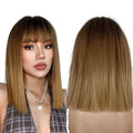 Fast Delivery Short Straight Ombre Brown Golden Synthetic Wig Hair Lolita Bob Wigs with Bangs for Women Daily Heat Resistant