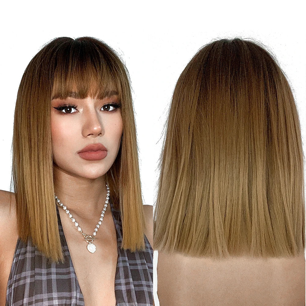 Fast Delivery Short Straight Ombre Brown Golden Synthetic Wig Hair Lolita Bob Wigs with Bangs for Women Daily Heat Resistant