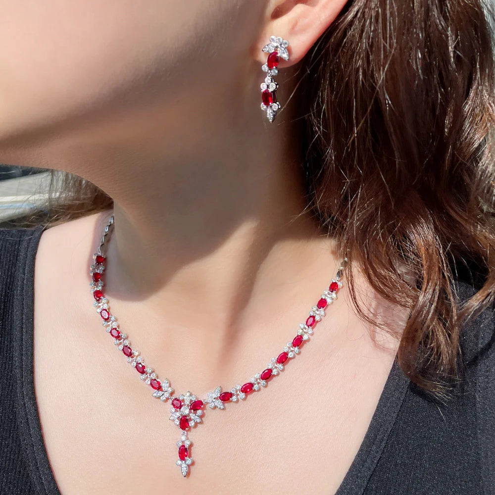 Elegant CZ Jewelry Oval Cut Ruby Cubic Zircon Stone Women Party Flower Red Crystal Necklace and Earrings Sets for Brides Wedding