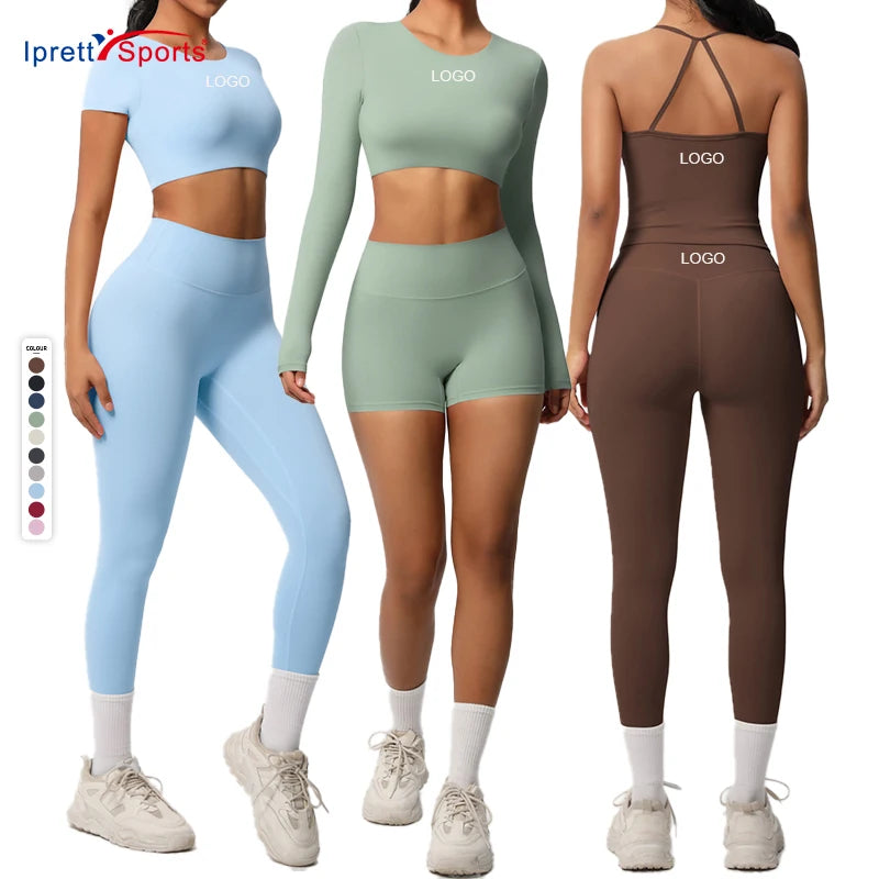 Customized Womens Long Sleeve Crop Tops Wholesale Workout Running Tank Top Gym Shorts Sports Yoga Leggings Pants Set  for Women