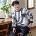 Men's Winter Printed PJ Set Home Wear Coral Fleece Pajamas for Adult Men Navy Striped Pajamas Set