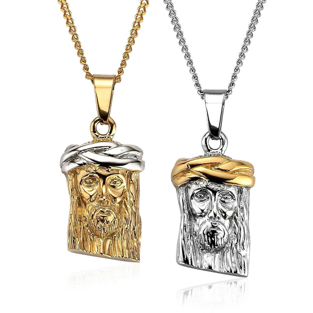 Non Tarnish Two Tone Jesus Piece Necklace for Men Religious Jewelry Hamsa Hand Pendant Stainless Steel Praying Hands Necklace