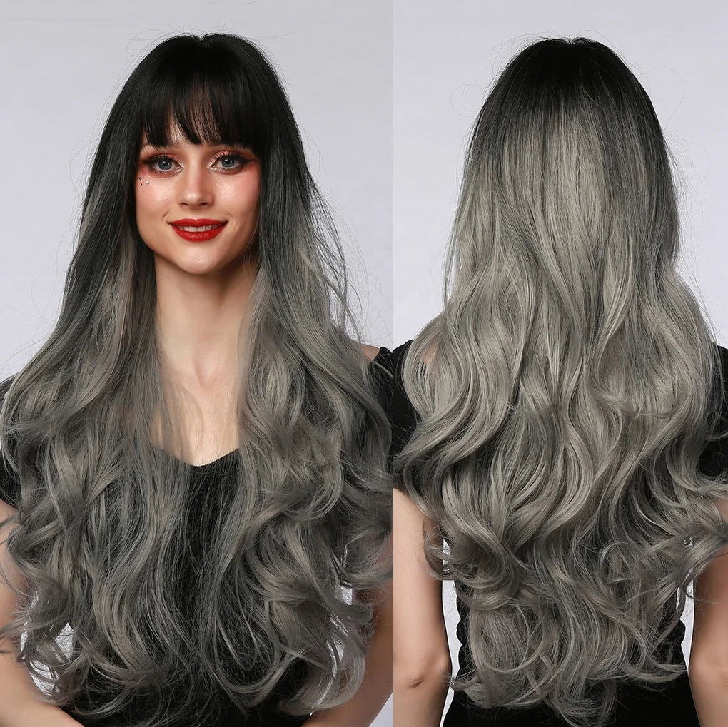 Curly Hair Big Wave Wigs Black Hair Roots Gradient Gray With Bangs Artificial Hair Soft High Temperature Matte Synthetic Fiber