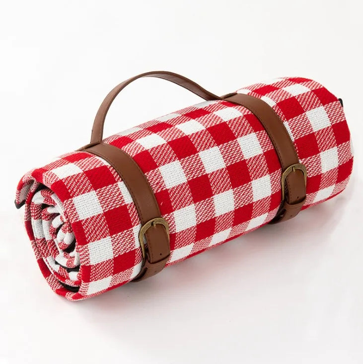 Roll-up Acrylic Beach Outdoor Pichic Blanket With Pu Leather Handle Carrier Blanket with Leather Strap