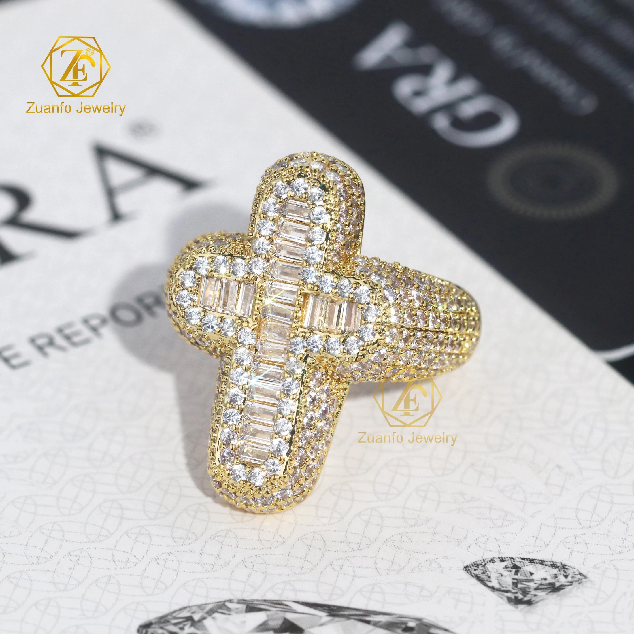 Wholesale Price Top Quality Iced Out Jewelry 925 Sterling Silver Mens Hip Hop Baguette Moissanite Cross Ring