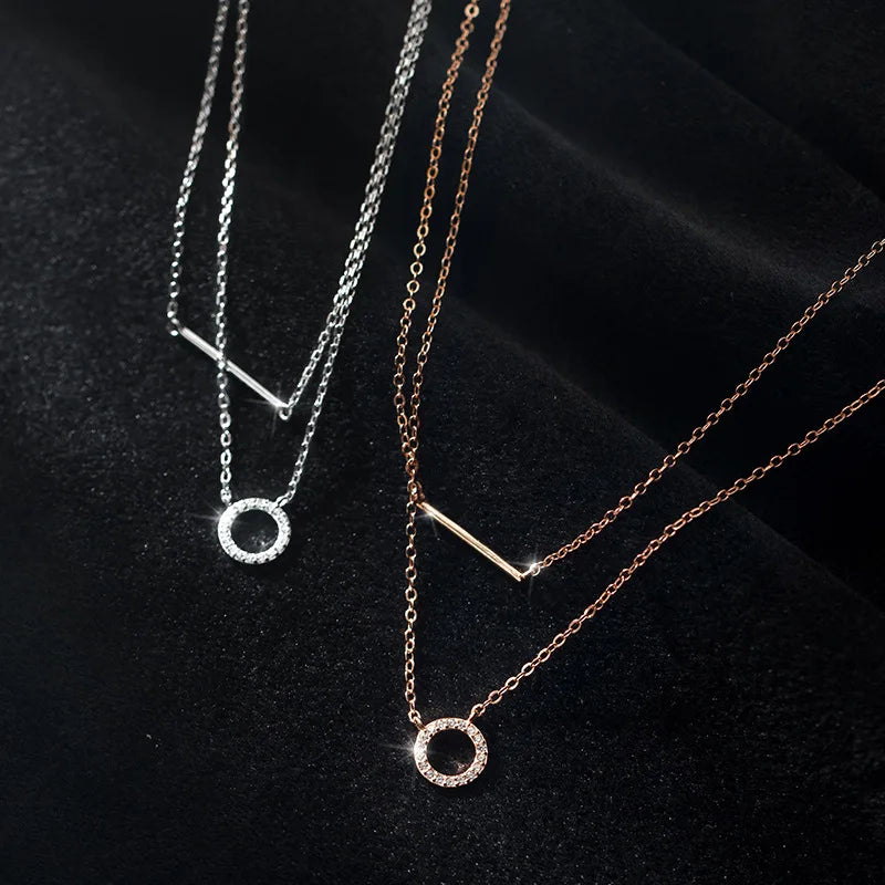 925 Sterling Silver Fashion CZ Zircon Double Layer Circle Bar Choker Necklaces for Women Gifts