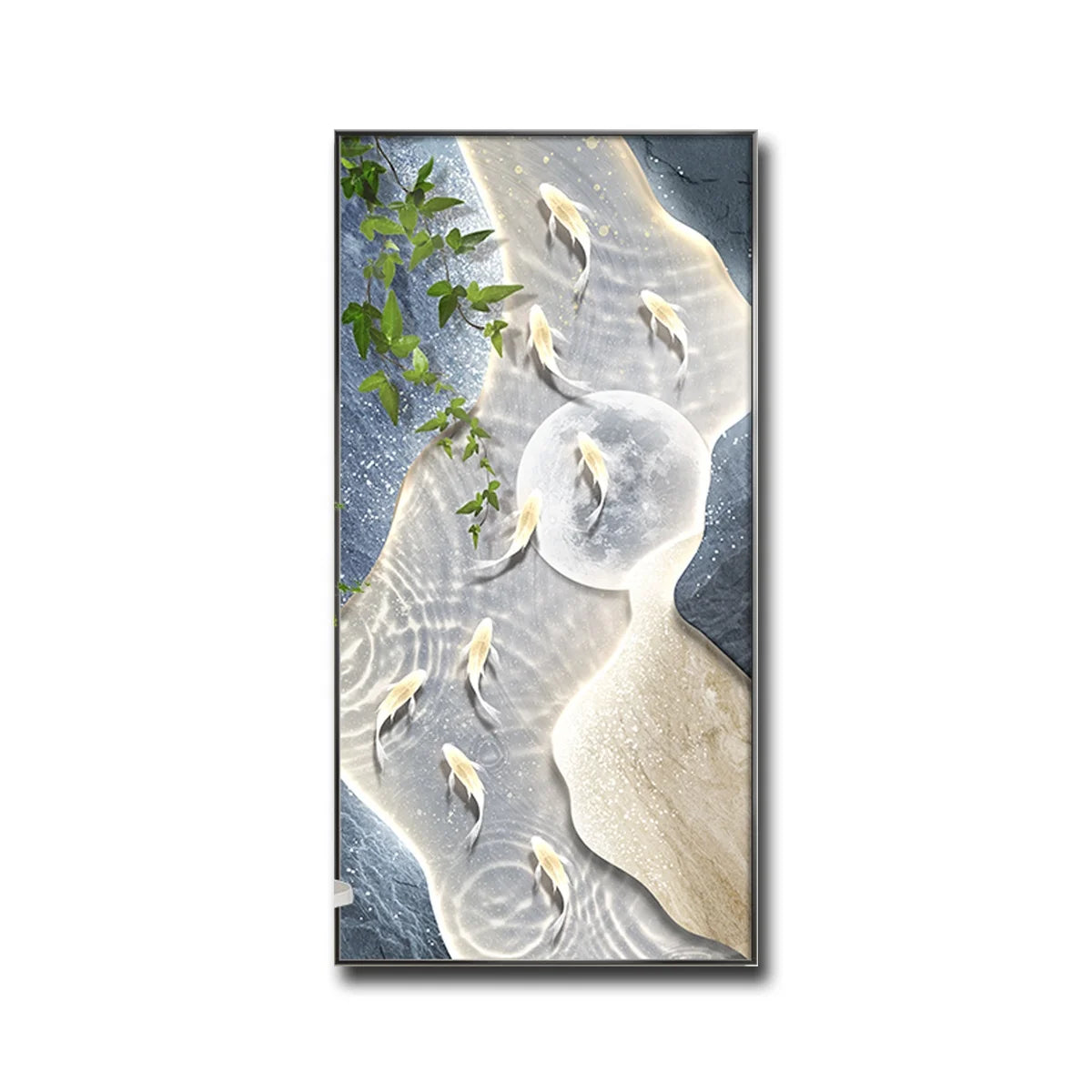 Wall Art Decor Led Lighting Nine Fish Figure Crystal Porcelain Painting for Aisle Entryway Entrance Decoration