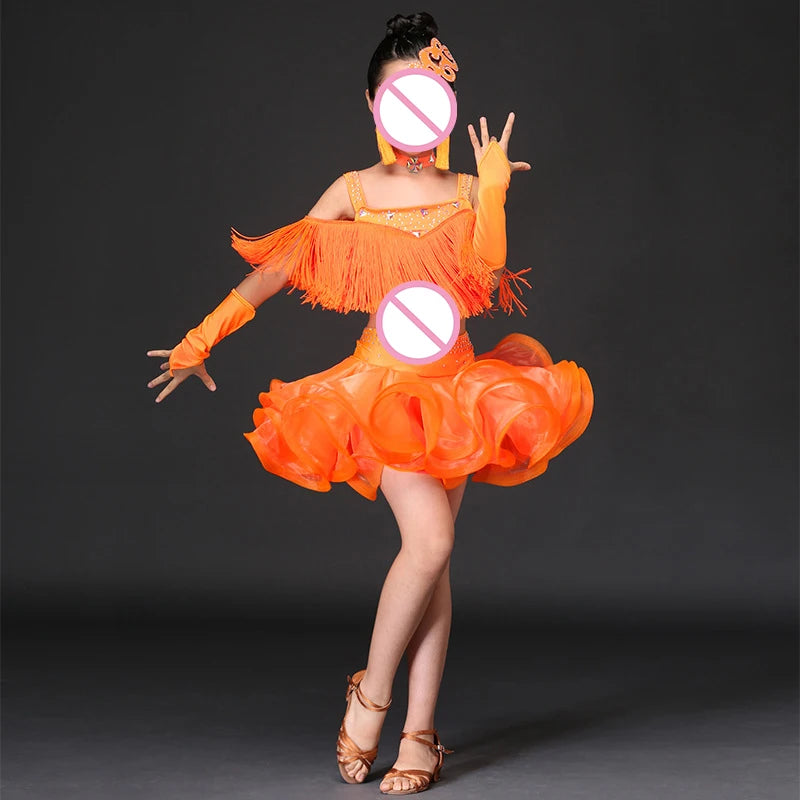 Girl's Sequin Tassel Dress Latin Tango Rumba Dancewear Sparkling for Kids