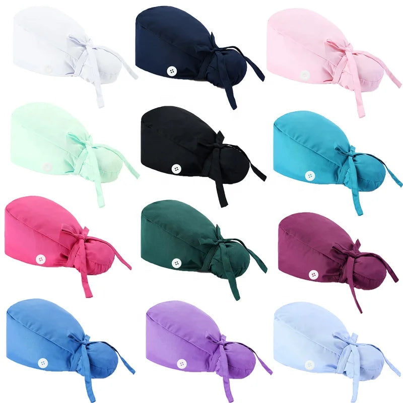 Mix Color Cotton Long Hair Medical Printed Image Style Adjustable Unisex Hat with Button Nurse Accessories