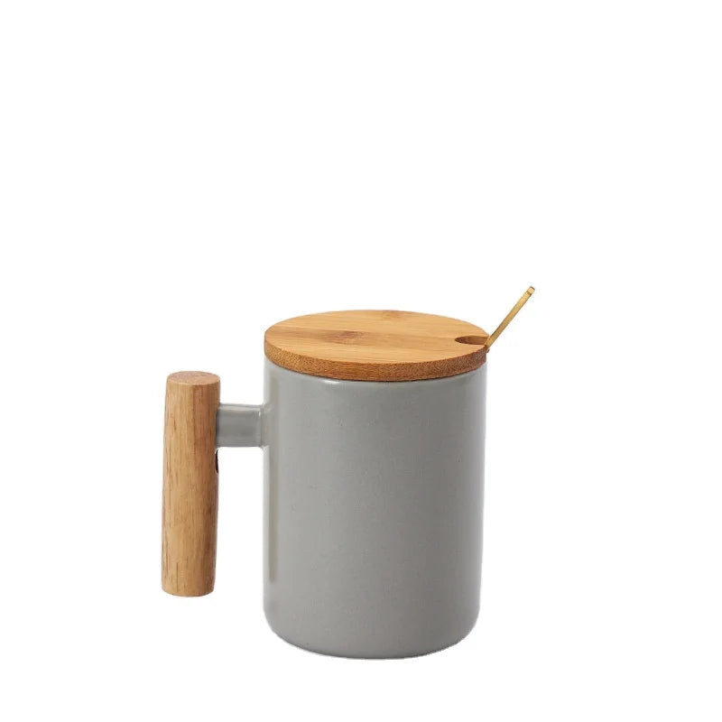 Promotional Gift Bamboo Lid Ceramic Cup Wooden Handle Ceramic Tea Coffee Mug Custom logo White Porcelain Mug