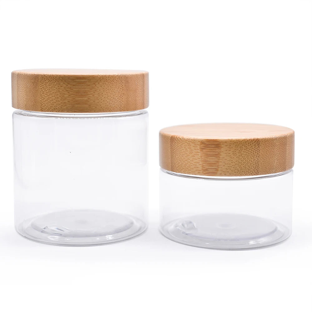 Cosmetic Packaging 150g 250g Plastic Jar Amber clear Frosted Plastic Jar With Real Bamboo Cap
