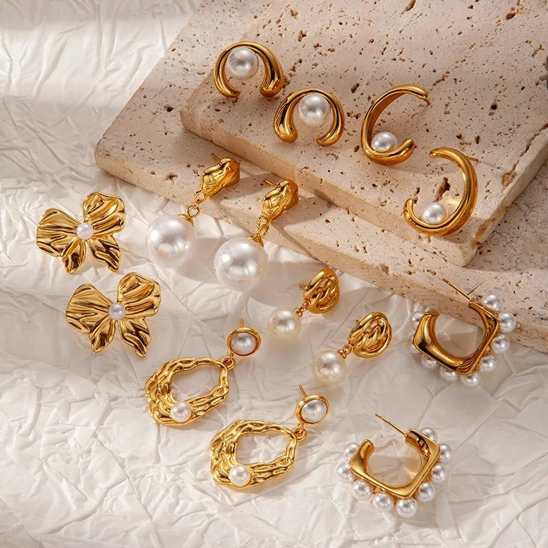 Trendy Stainless Steel Stud Earrings with Flower Shape Comfortable and Durable for Daily Use Imitation Pearl