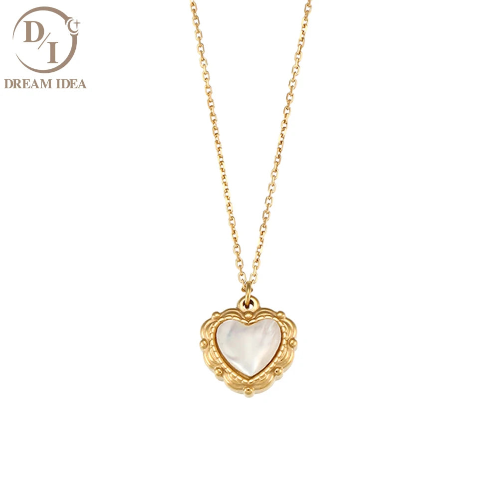 Fashionable Stainless Steel 18K Gold Plated Charm Necklace Love Heart Shell Pendant Necklace for Women