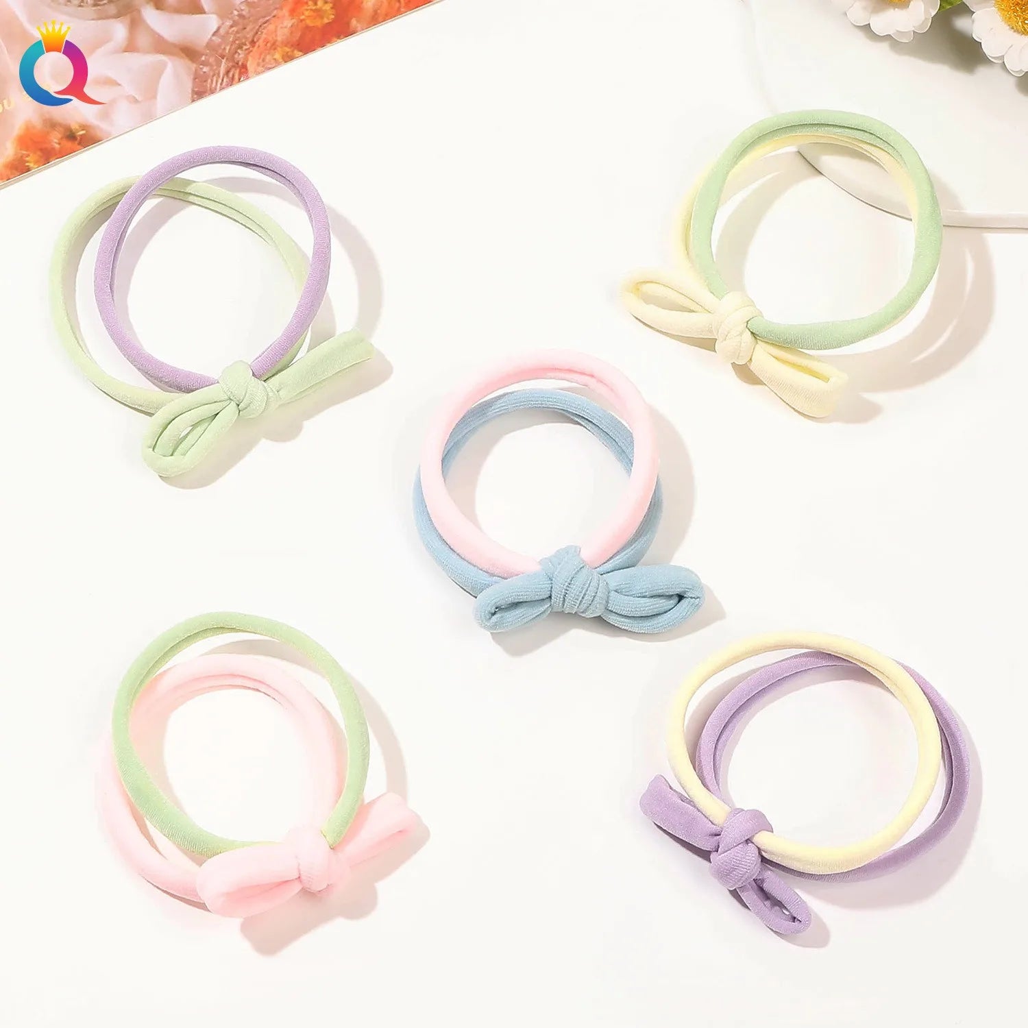 QIYUE High Stretch Seamless Scrunchie with Ponytail Bow Towel Circle Cream Double Strand Headband