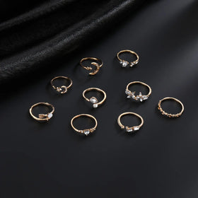 9Pcs/Set Platinum Plated Alloy Butterfly Rings Set Trendy Vintage Heart Star Moon Zircon Combination Ring Set for Women Girls