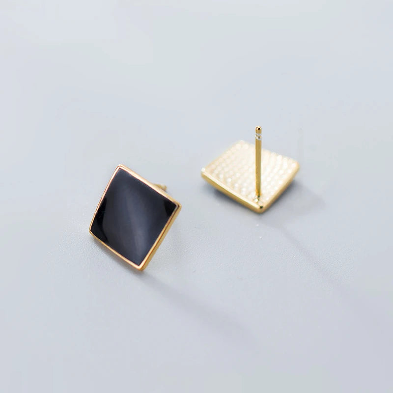 925 Sterling Silver Black Color Square Shape Studs Earrings Gold Plated Earings Fashion Jewelry for Women