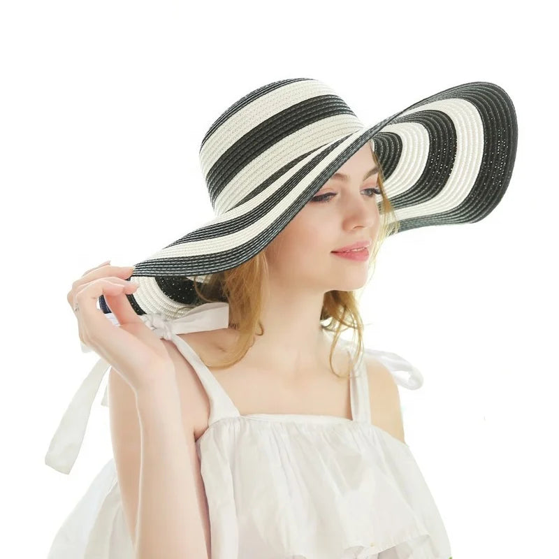 Foldable Black and White Stripes Beach Hat Wide Brim Paper Hat Summer Beach Floppy Sun Hat