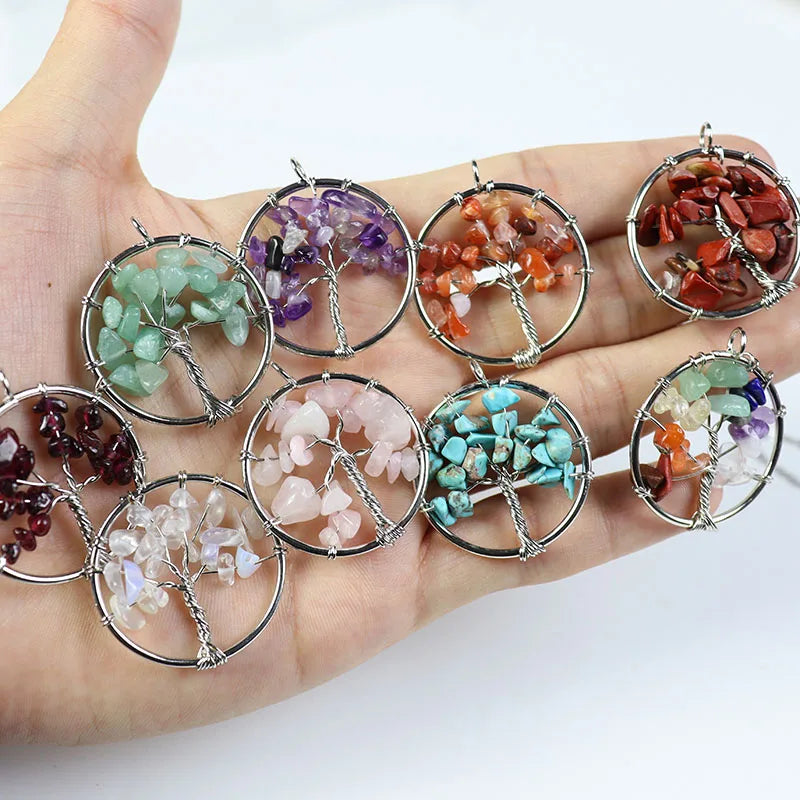 30mm Crystals Tree of Life Pendant Wire Wrap Chakras Chip Gemstone Stone Pendants Charms for NECKLACES Jewelry Making