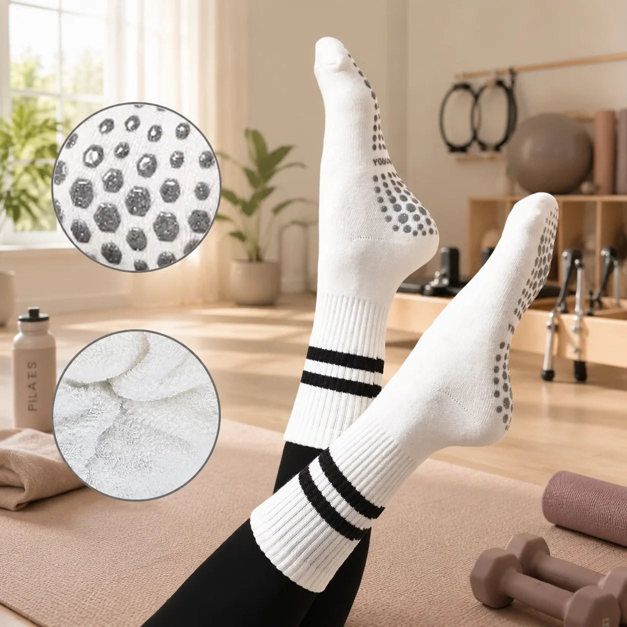 Wholesale Indoor Terry Skate Yoga Socks Mid Calf Cotton Grip Anti Slip Pilates Socks