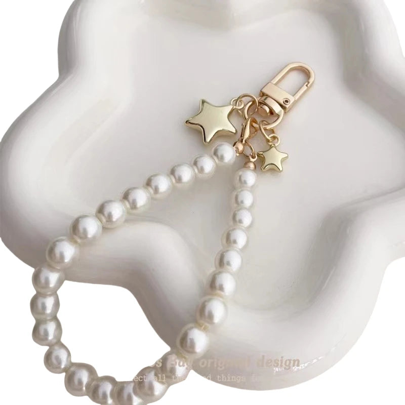 Lucky Star Beaded Pearl Charm Keychain Wristlet Bracelet Pendant  Bag Earphone Mobile Phone Charms Chains Decoration Accessories