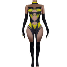 Sexy Long Sleeved Rhinestone One Piece Bodysuit Ladies Rompers Showgirl Leotard Women Stage Performance Singer Dancer Jumpsuit
