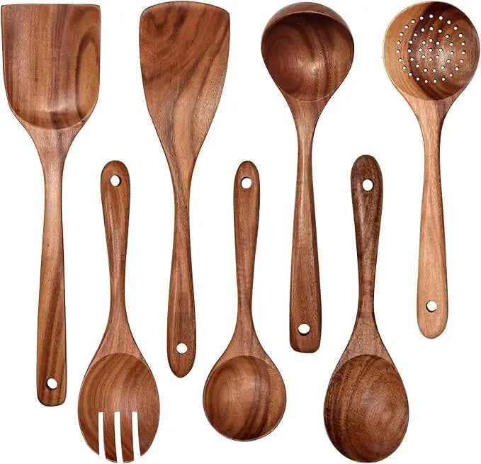 Customized 7-pieces Wood Cooking Utensil Set with Long Handle for Non Stick Kitchen Tool
