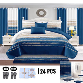 Deep Blue Polyester Printing Quilted Bedcover Soft Home Textile Bedspread Set Wholesaler