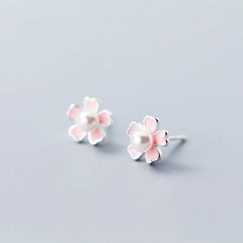 New Unique Design S925 Sterling Silver Pearl Enamel Flower Charm Stud Earrings for Women E7125