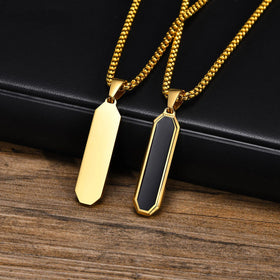 Gold Geometric Gemstone Necklace Stainless Steel Diamond Beveled Long Bar Pendant Black Stone Necklace Jewelry for Women Men