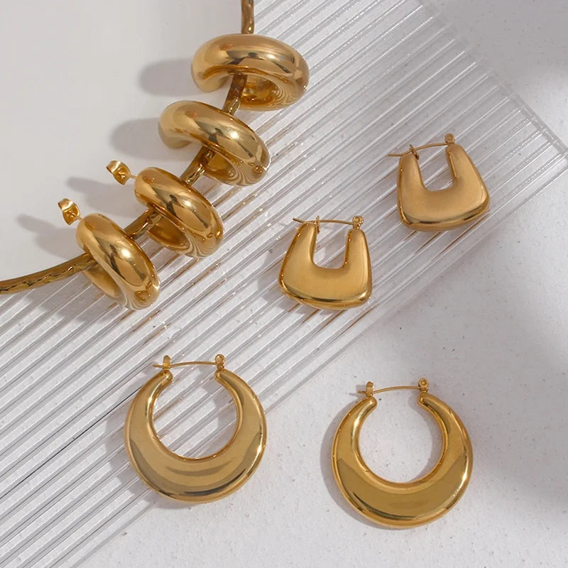 Dreamshow Stainless Steel 18K Gold Plated Round Geometric Big Hoop Earring Trendy Cuff Clip on Earrings Jewelry