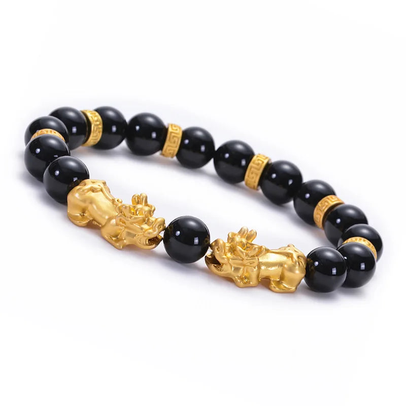 Healing Black Agate Beads Golden Pixiu Bracelet Adjustable Rose Quartz Black Buddha Bead Feng Shui Bracelet for Men Jewelry