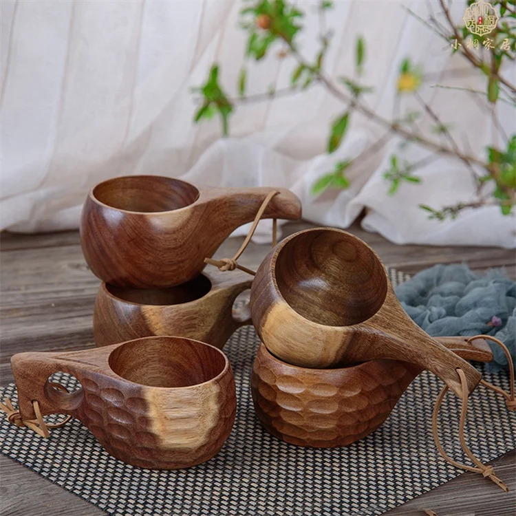 Handmade New Style Wooden Mug Portable Acacia Wood with Handle for Egg Tea Milk or Coffee for Camping Backpacking Bushcraft