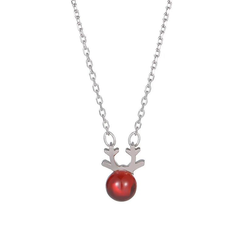 INS Christmas Fashion Deer Antlers Shape Jewelry S925 Sterling Silver Pomegranate Red Gold Plated Necklace Jewelry for Women