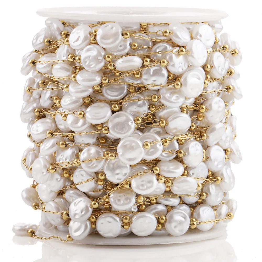 18K Gold Plated 5-Meter Roll Steel Body Chain 8mm Flat Baroque Imitation Pearl DIY Round Pattern Fine Jewelry Making Accessories