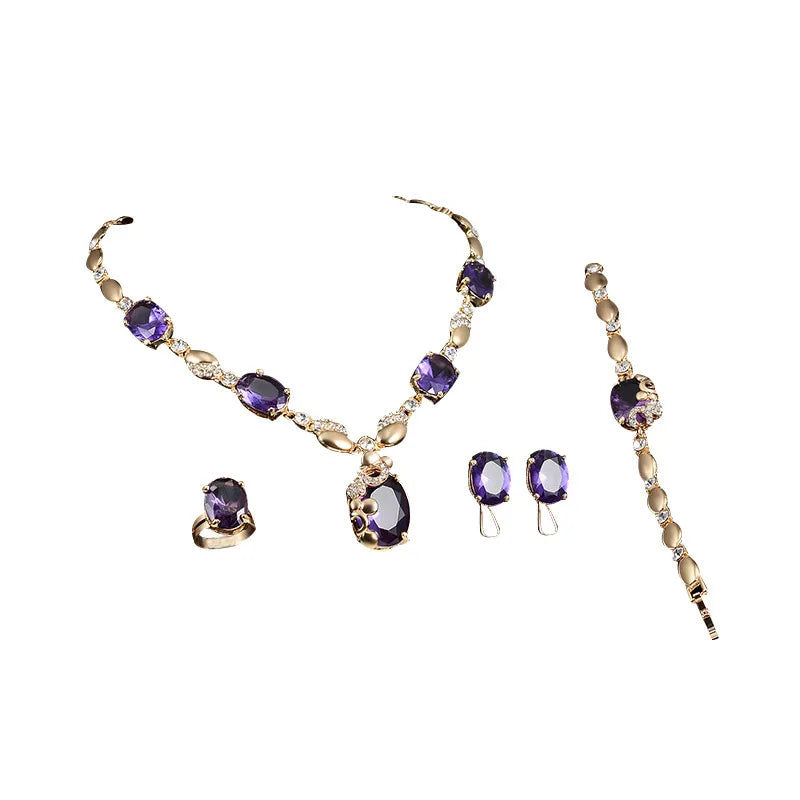 Fashion Luxury Saudi 18K Gold Plated Dubai Big Pendant Purple Crystal Wedding Jewelry Set