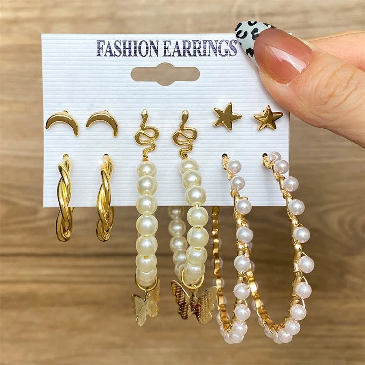 Factory Trend Gold Plated Hoop Earrings Set Geometric Big Round Circle Brincos Moon Snake Star Pearl Earrings for Women
