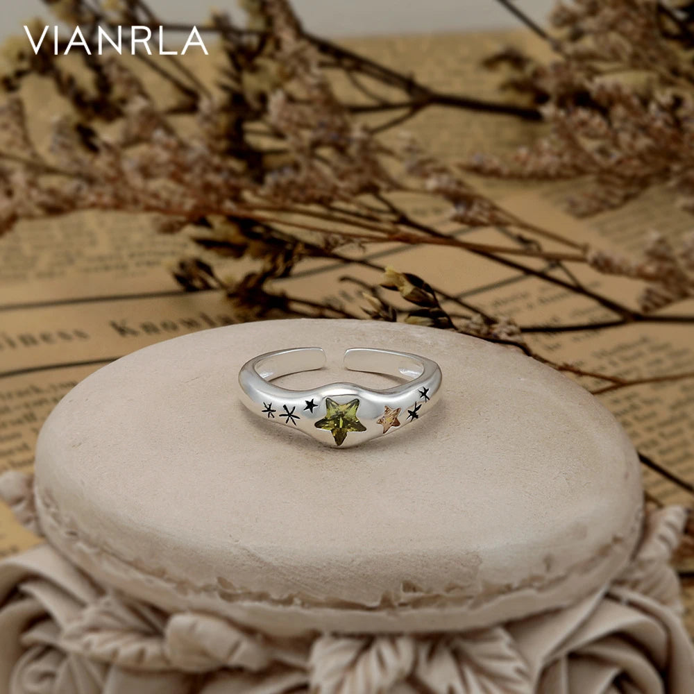 VIANRLA 925 Sterling Silver Ring Olive Green Colored Zircon Ring Star Shape Adjustable Ring for Women Jewelry Gifts Wholesale