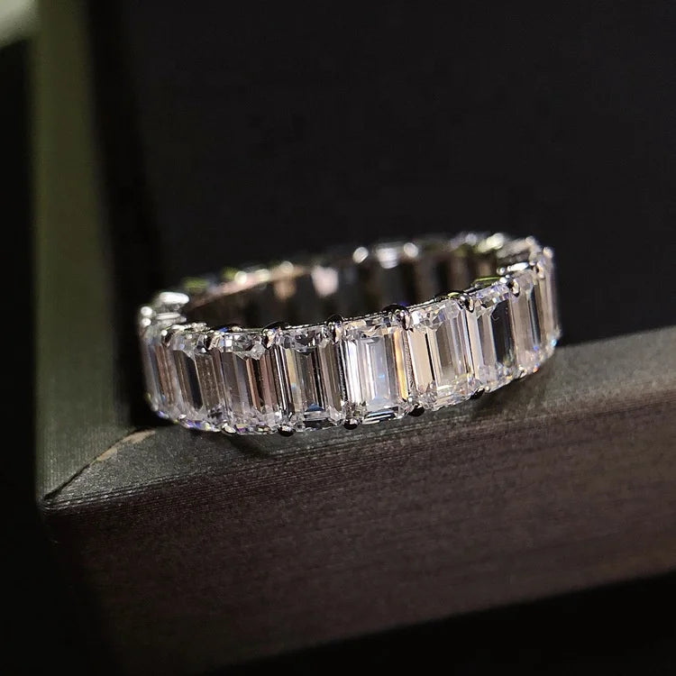 925 Sterling Silver Classic Style Eternity Band Ring 3*5mm Emerald Cut 0.5ct Full Clear 8A CZ for Wedding and Party