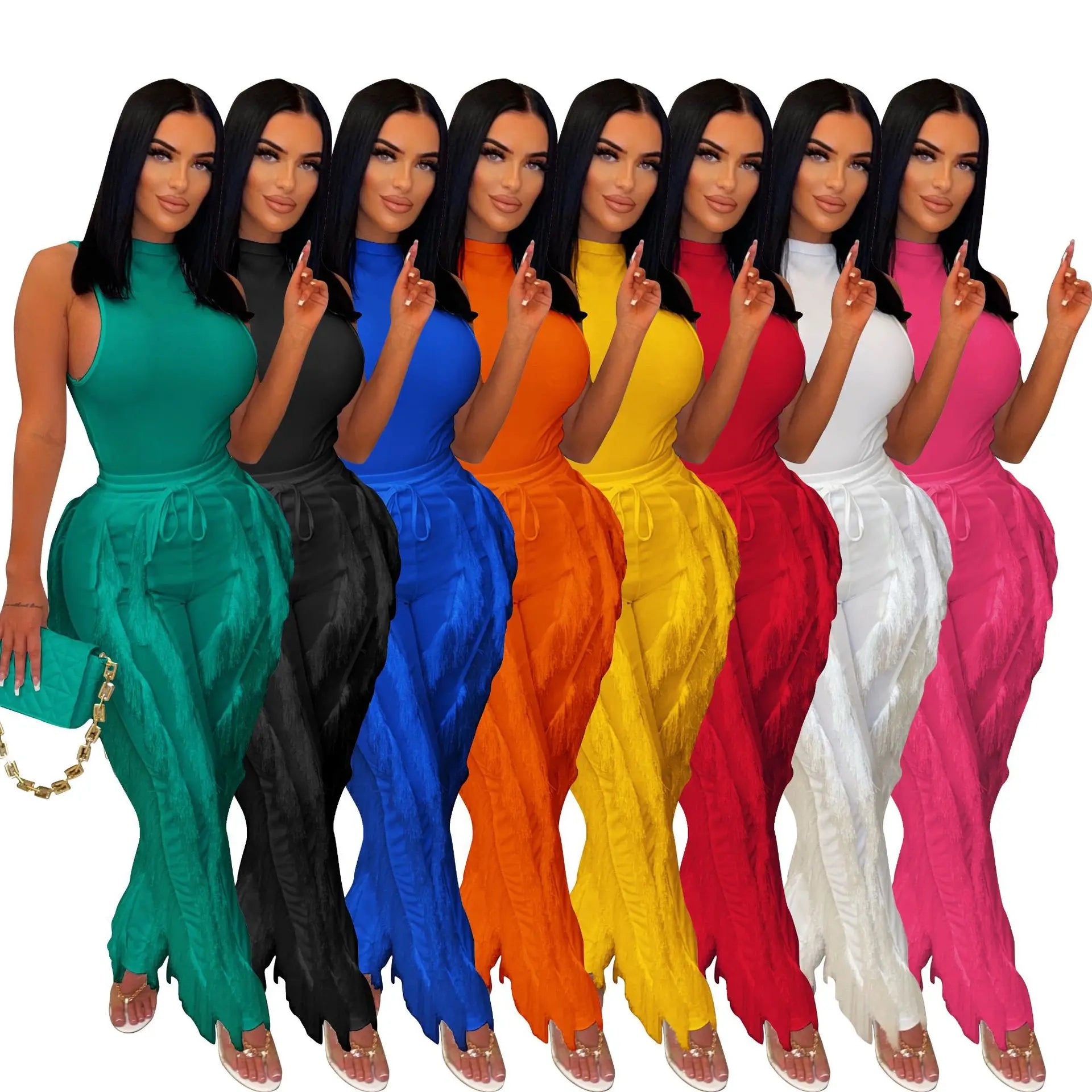 Women's New Autumn Two-Piece Casual Set Solid Color Sleeveless Undershirt Tops with Pleated Knitting Pants