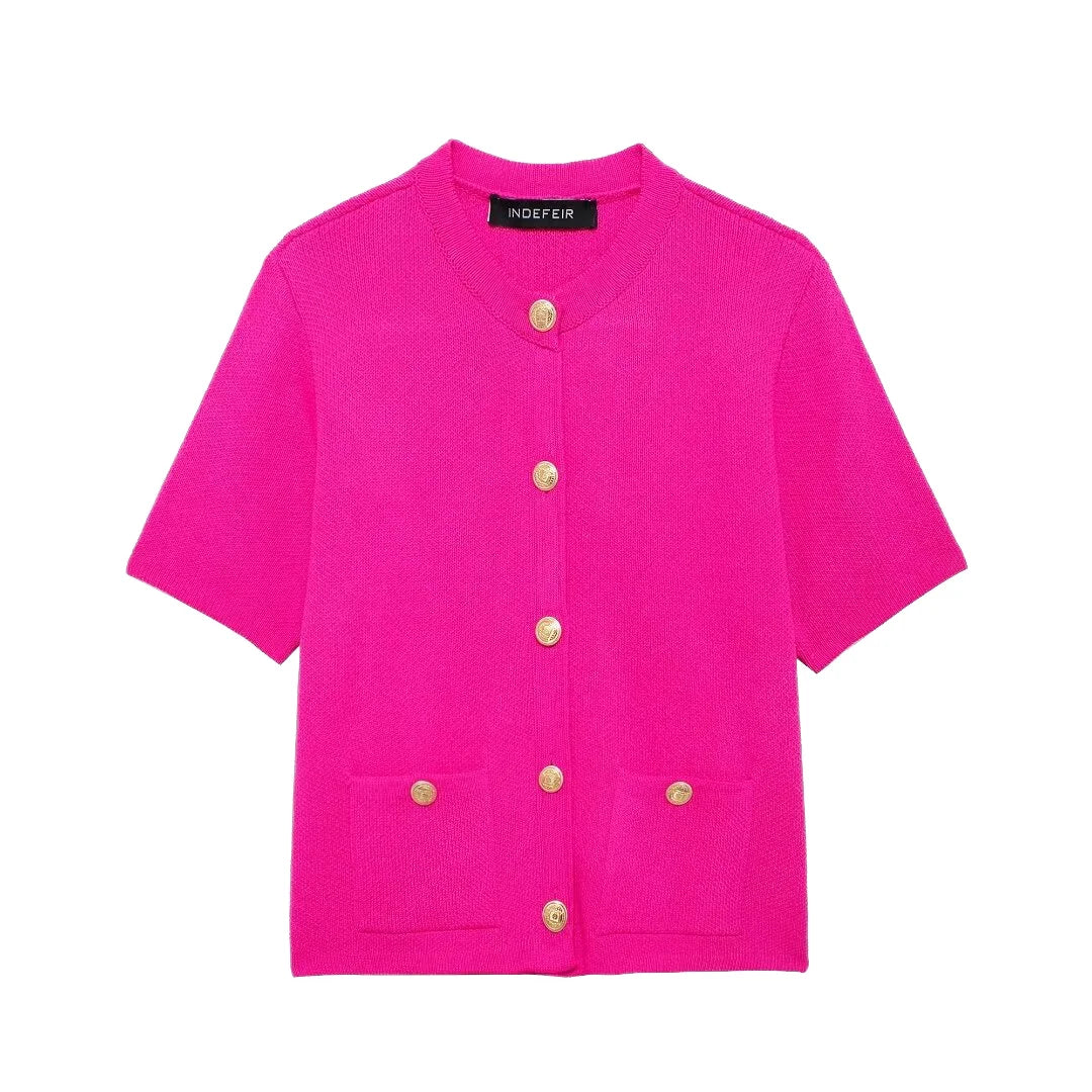 New Fashion Summer Elegant Casual Cardigan Women'S Jumper Top Short Sleeve Crew Neck Sweater for Lady
