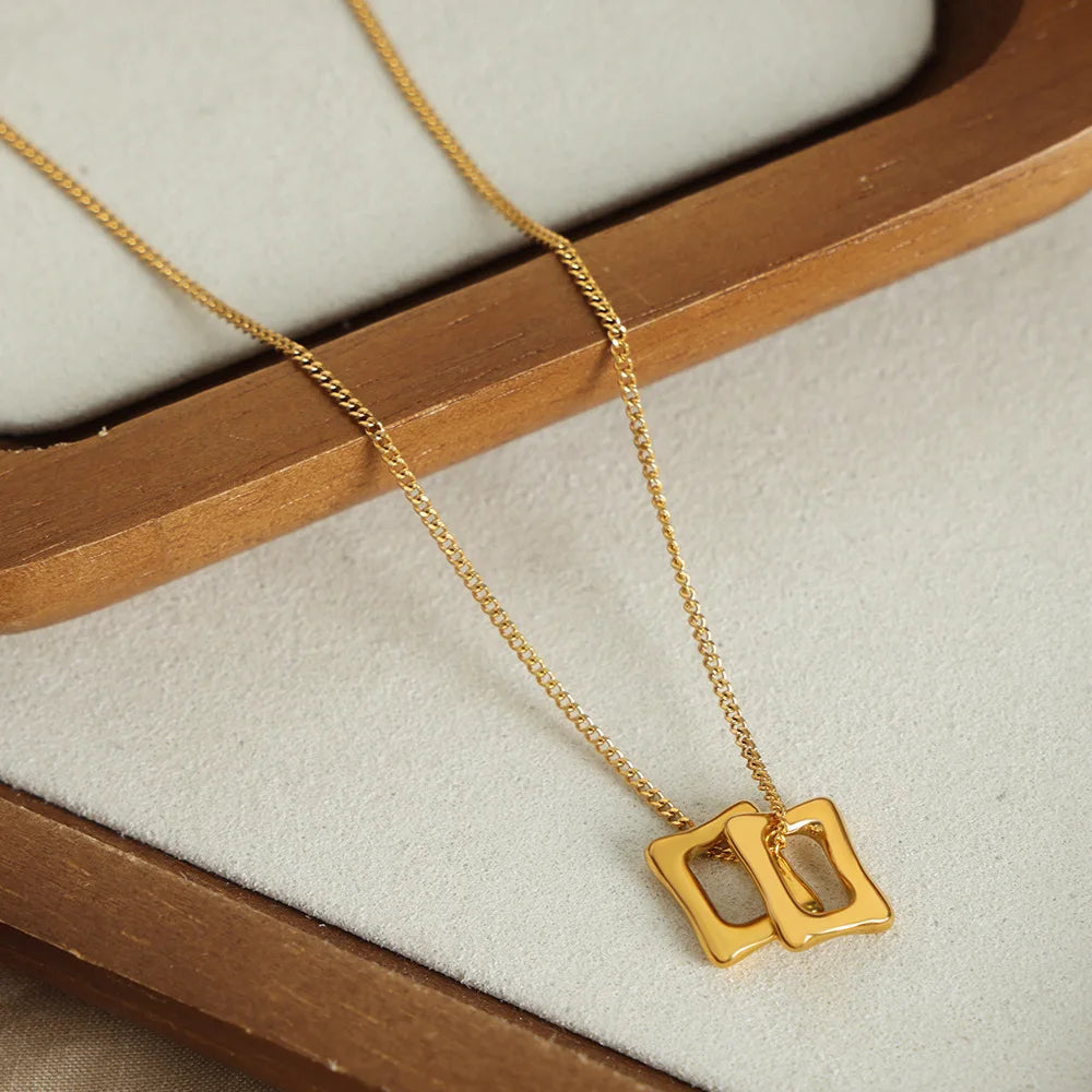 Minimalist Waterproof Geometric Square Hollow Pendant Necklace Non Tarnish Stainless Steel Gold Plated Choker Necklace Colliers
