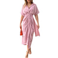 S-XXL Lapel Medium Length Short Sleeve Single Breasted High Waist Shirt Dress