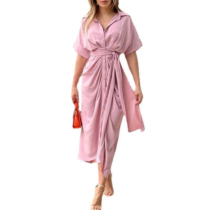 S-XXL Lapel Medium Length Short Sleeve Single Breasted High Waist Shirt Dress