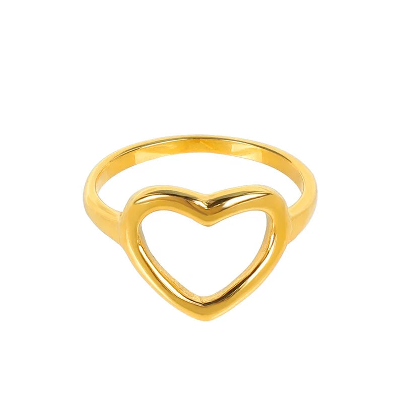Wholesale Custom 18k Gold Plated Stainless Steel Waterproof Jewelry Hollow Heart Love Ring for Women Girls