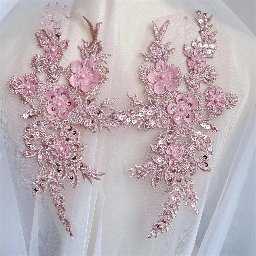 Handmade Sequin Tube Bead Embroidery Mesh Lace Applique Hanfu Headwear DIY Patch with Mirrored Lace Flowers for Garment