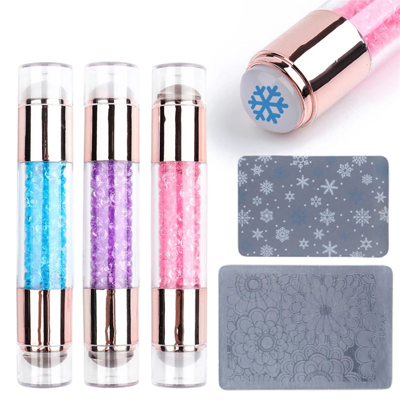 Tamax NAP014 Double Head Plastic & Silicone Nail Art Stamping Kit with Scraper for Manicure Set Tools