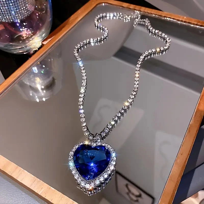 Titanic Heart of Ocean Blue Crystal Love Heart Pendant Necklace for Women Full Rhinestone Chain Collar Lover Forever Jewelry