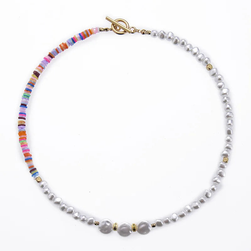 Bohemian Pearl Necklace Simple Colorful Soft Pottery Necklace Rice Bead Chain Clavicle Chain Necklace for Summer