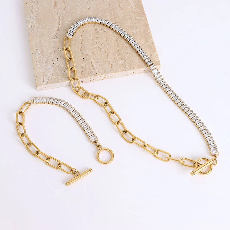 White Cubic Zirconia 18k Gold Plated Stainless Steel OT Clasp Chain Necklace and Bracelet Jewelry Set for Women Gift